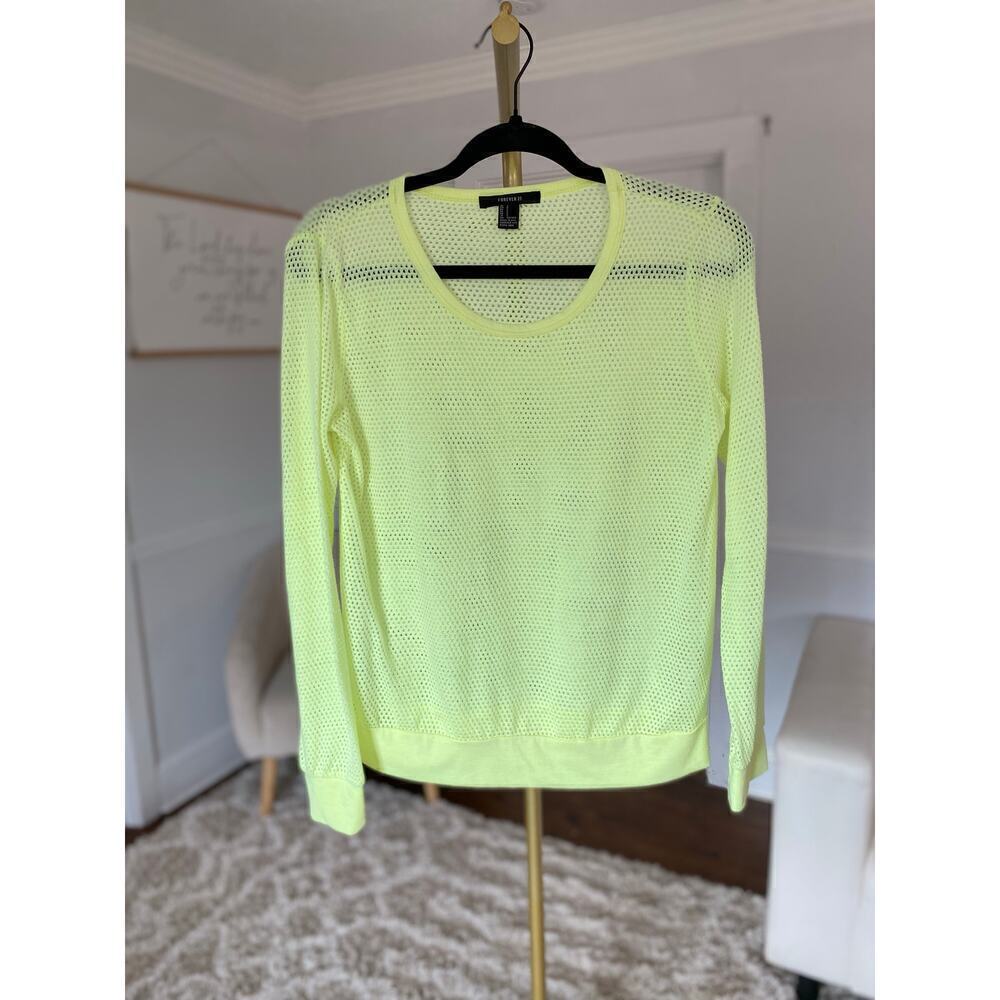 Forever 21 Mesh Shirt Neon Yellow Sheer Y2K Streetwear 90s Summer Boho Festival‎